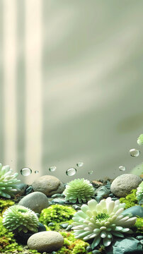 清新綠植花朵石塊背景圖片