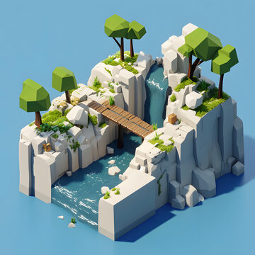低多邊形瀑布景觀3D