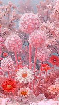 粉色的蒲公英和鮮花盛開在田野里
