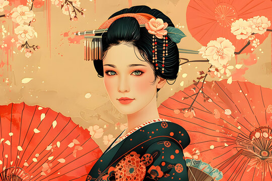 身穿和服的美麗日本藝伎與櫻花