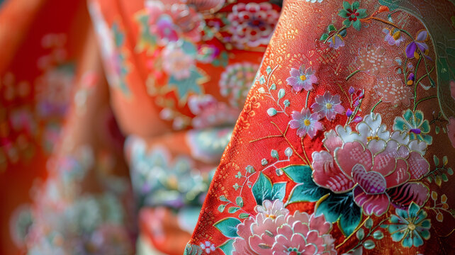 一件紅色繡花和服的特寫