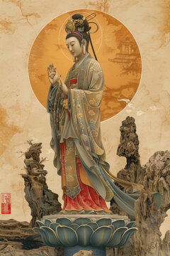 一幅中國(guó)女神手持仙桃的插圖
