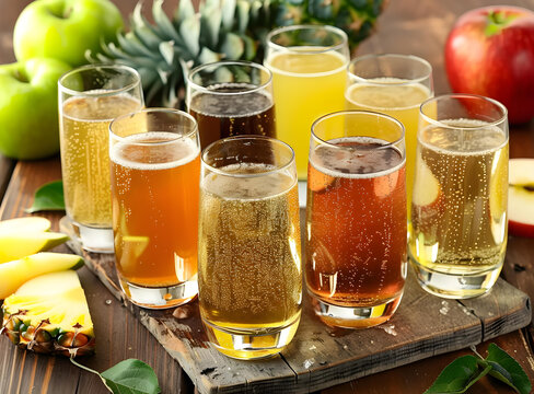 木質(zhì)桌面上的各種口味起泡飲料