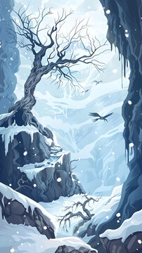 冬日雪山枯樹風(fēng)景畫