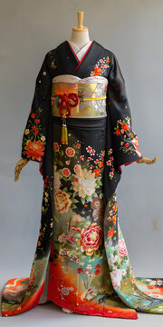 身穿花卉圖案和服的藝伎