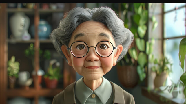 戴眼鏡微笑的亞洲老奶奶