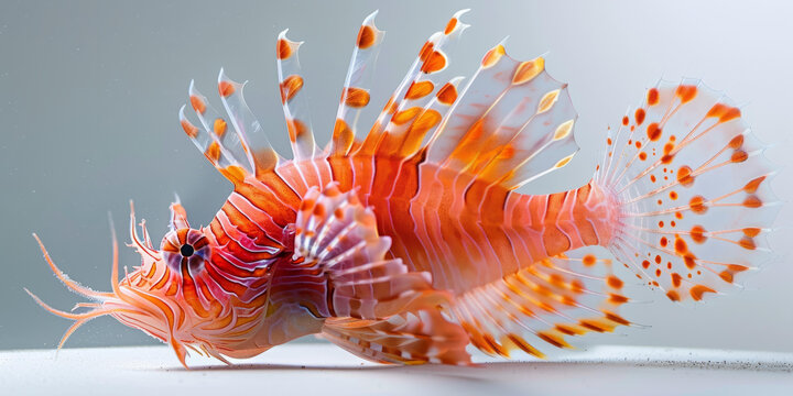 一只紅色和白色的獅子魚展開了它的鰭