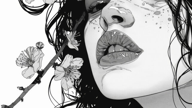 黑白櫻花女子側(cè)面肖像