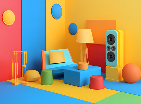 3D 抽象彩色房間室內(nèi)設(shè)計，配有家具和音箱