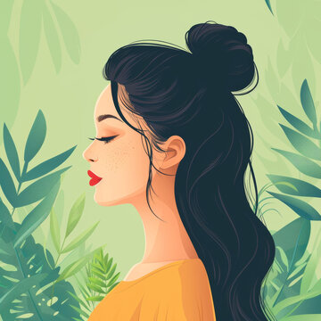 一個美麗的黑發(fā)紅唇女人的插圖綠葉背景