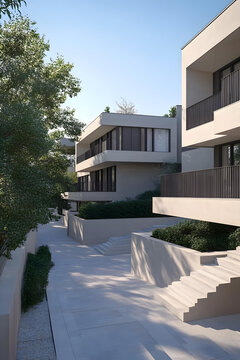 現(xiàn)代簡約建筑住宅設(shè)計，帶石頭小路和樓梯