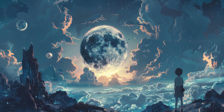 男孩凝望星空與明月