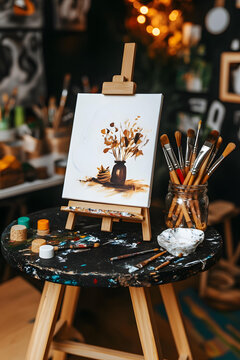 畫架上花瓶花卉油畫作品
