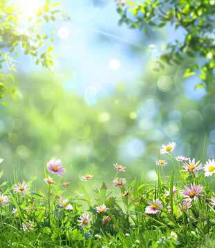 夏日田野鮮花綠草背景圖