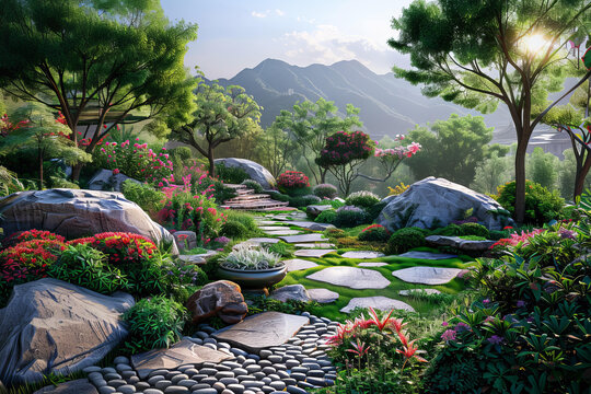 奇幻山景湖泊森林