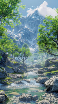 山谷的雪山小溪