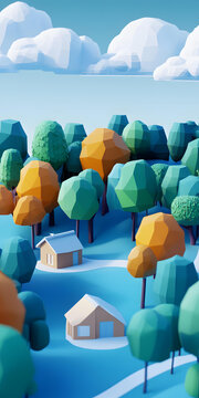 低多邊形森林中的小屋3D