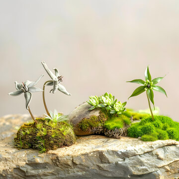 巖石上的綠色植物與模糊背景