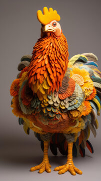 用鮮花做成的五彩羽毛的公雞3D插圖