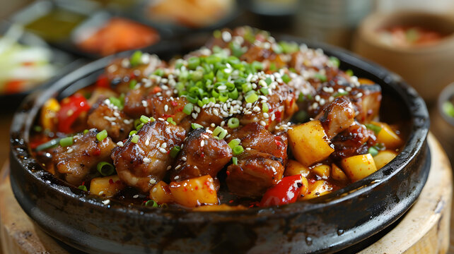 韓式辣炒肉配蔬菜和芝麻