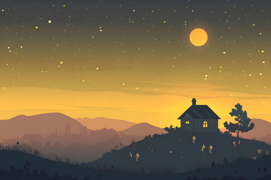 夜空下的房屋和山脈剪影