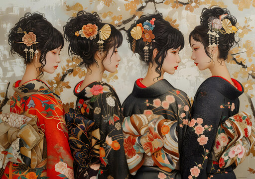 四位身穿印有花卉圖案的和服、佩戴有發(fā)飾的亞洲女性