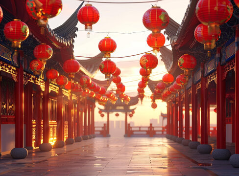 中國(guó)傳統(tǒng)節(jié)日春節(jié)廟會(huì)上的紅燈籠