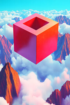 抽象的3D立方體形狀在云層和山脈之上