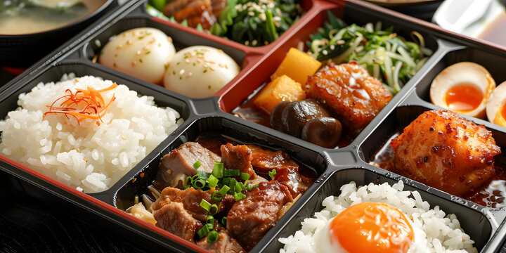 日式便當(dāng)盒特寫(xiě)，里面有米飯、肉和雞蛋