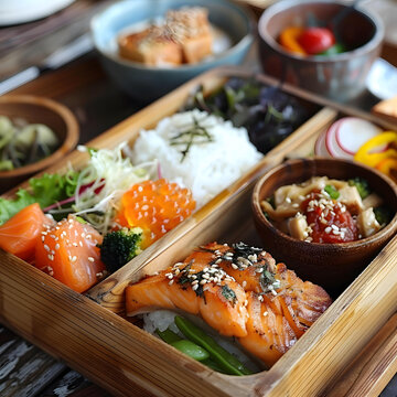一個美味健康的便當(dāng)盒，里面有鮭魚、蔬菜和米飯