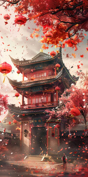 紅色的中國古代建筑東方建筑