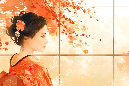 一個身穿和服的美麗日本女人站在窗戶前。