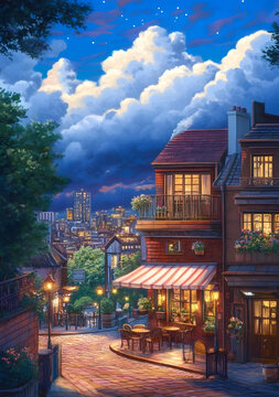 夜晚星空下的咖啡館油畫(huà)，背景是城市街景