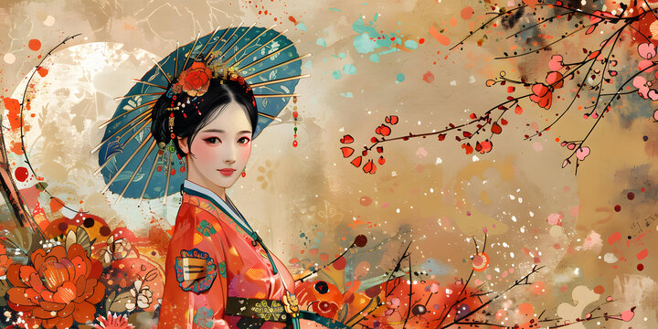 身穿紅色漢服的中國古代美女