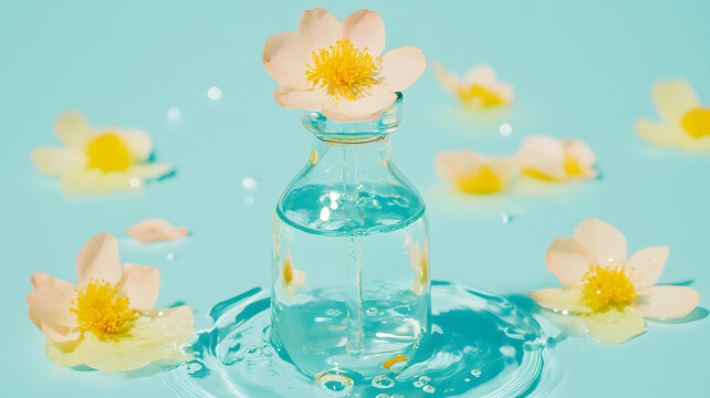 藍(lán)色背景上的玻璃瓶水和花朵