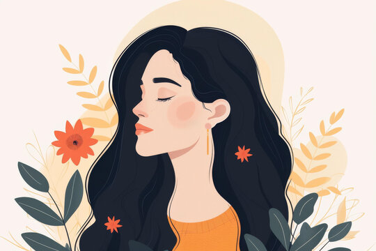 一個美麗的黑發(fā)女孩的肖像，她戴著紅色的花朵耳環(huán)