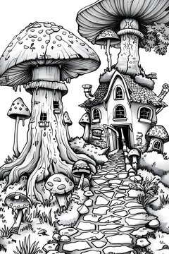 黑白線描畫的奇幻蘑菇屋