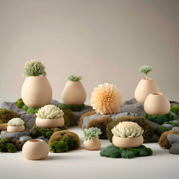 苔蘚巖石上的米色花盆