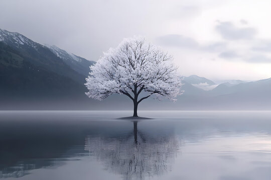 霧氣彌漫的湖中孤樹與山峰背景