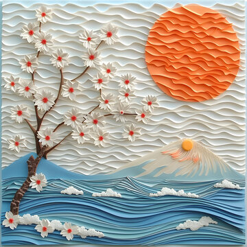 富士山和櫻花與海浪