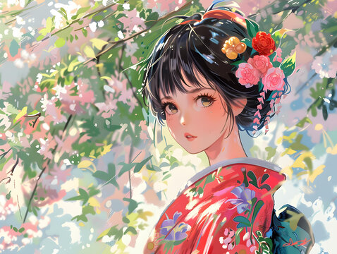 穿著和服的花朵裝飾的動(dòng)漫女孩