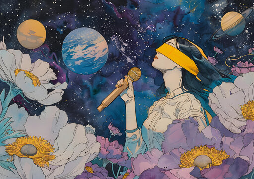 蒙著眼睛的女孩在星空中唱歌