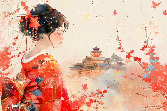 身穿紅色和服的美麗日本女子站在一座日本傳統(tǒng)城堡前