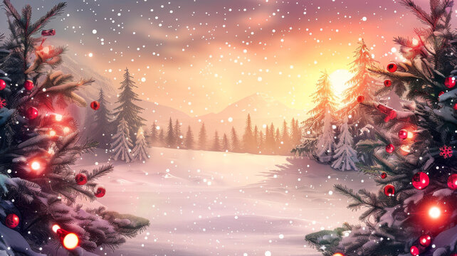 在圣誕節(jié)裝飾的冷杉樹和白雪皚皚的山脈背景下