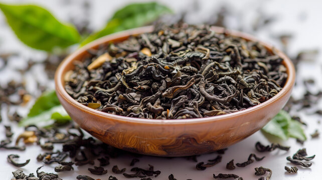 一碗烏龍茶葉和散落在白色表面上的烏龍茶葉