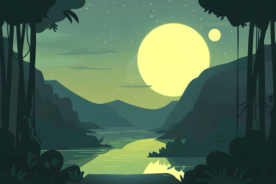 夜晚河流月光森林風景