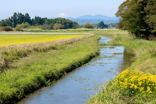 田野間蜿蜒流淌的小溪，綠草如茵，鮮花盛開，構(gòu)成一幅寧?kù)o的田園風(fēng)光
