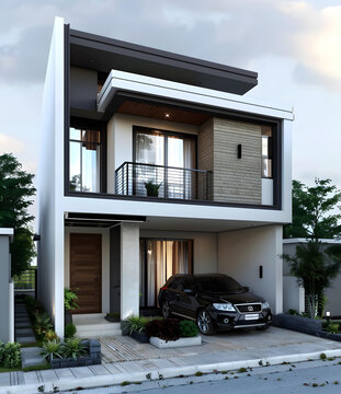 帶陽(yáng)臺(tái)和汽車(chē)的現(xiàn)代兩層樓房外觀設(shè)計(jì)
