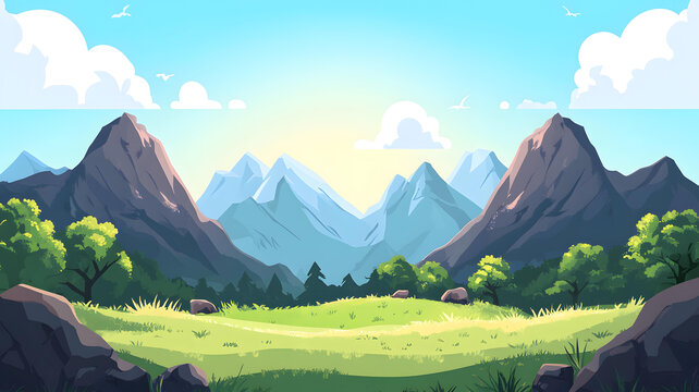 綠色草地藍天山脈風景