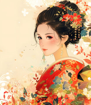 身穿紅色和服、頭戴花朵和蝴蝶的美麗日本女性插圖